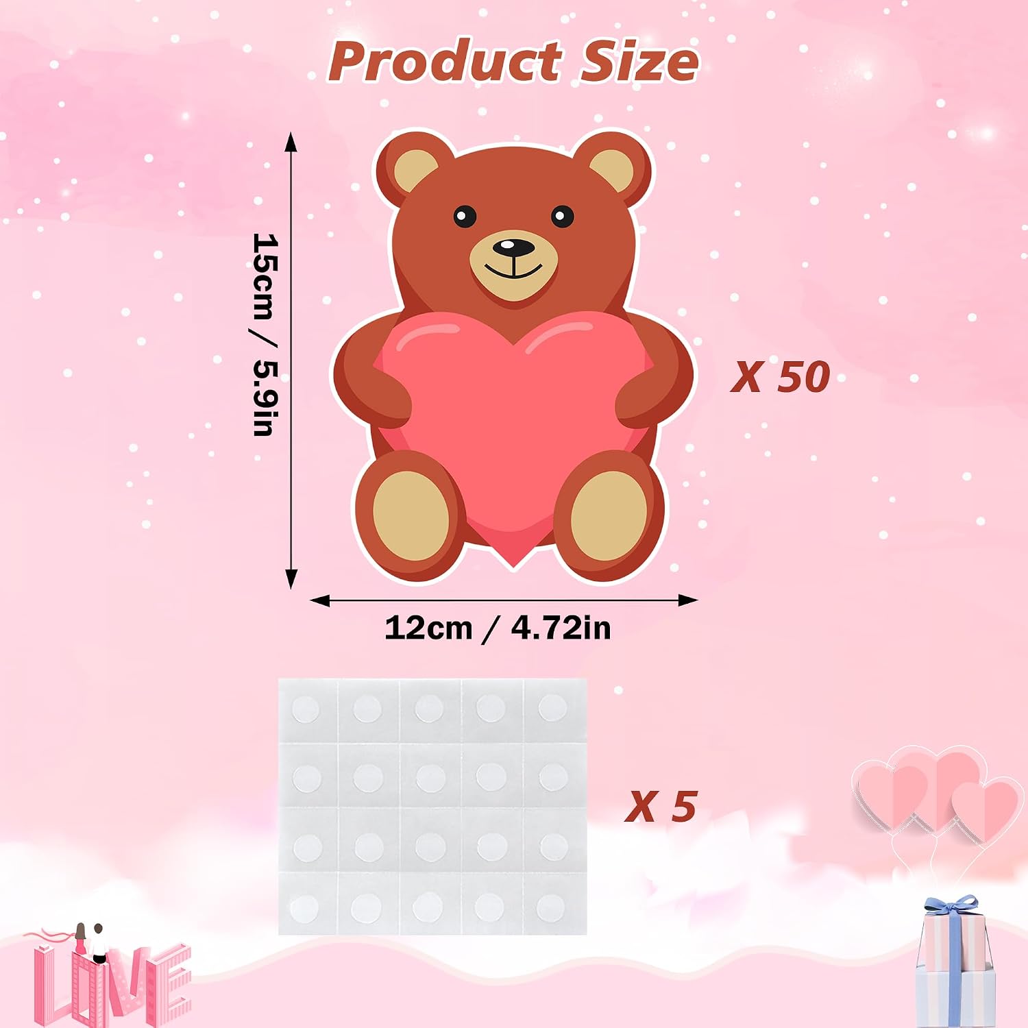 50 PCS Valentine’s Day Cutouts for Bulletin Board Decor, Cute Valentines Bear Paper Cut Outs for Valentine’s Day Crafts Anniversary Weddings Classroom Office Wall Party Decorations