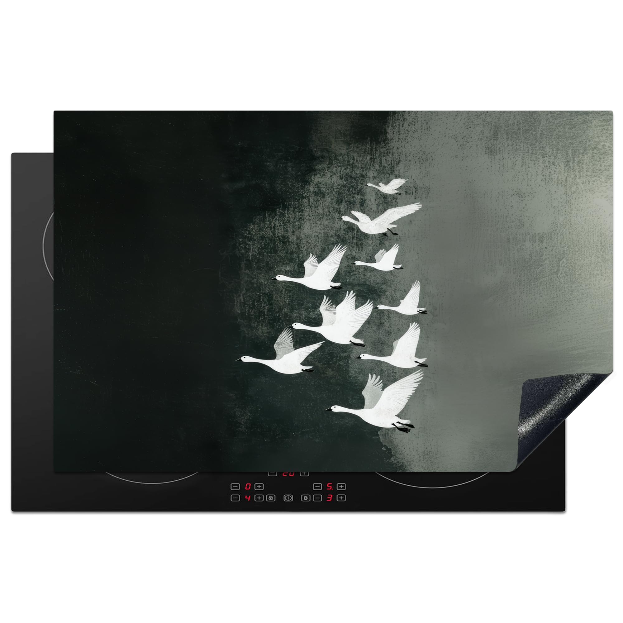 KitchenYeah© Induction Hob Protector Mat 20.5"x31.9" / 81x52 cm Cooker Top Protectors Cover Ceramic Covers Electric Hobs Vinyl Bird - Japandi - Green — image 1
