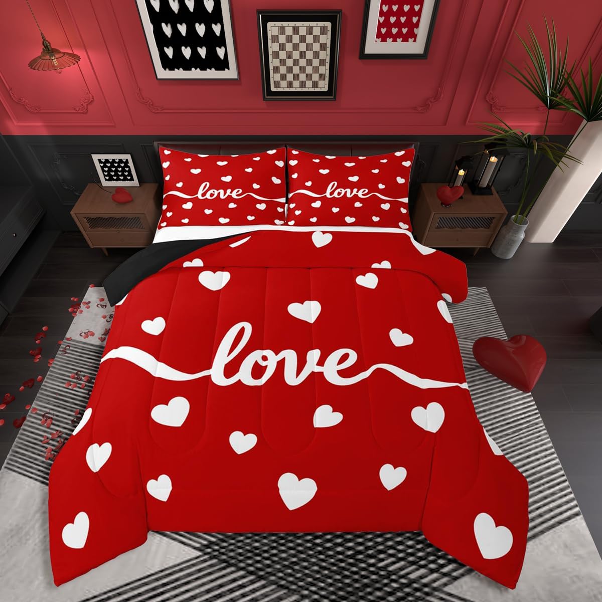 Erosebridal Couples Cute Heart Comforter Set King Size Cartoon Love Heart Bedding Set for Men Women Bedroom Romantic Valentine Day Gift Comforter White Red Geometric Quilt Duvet