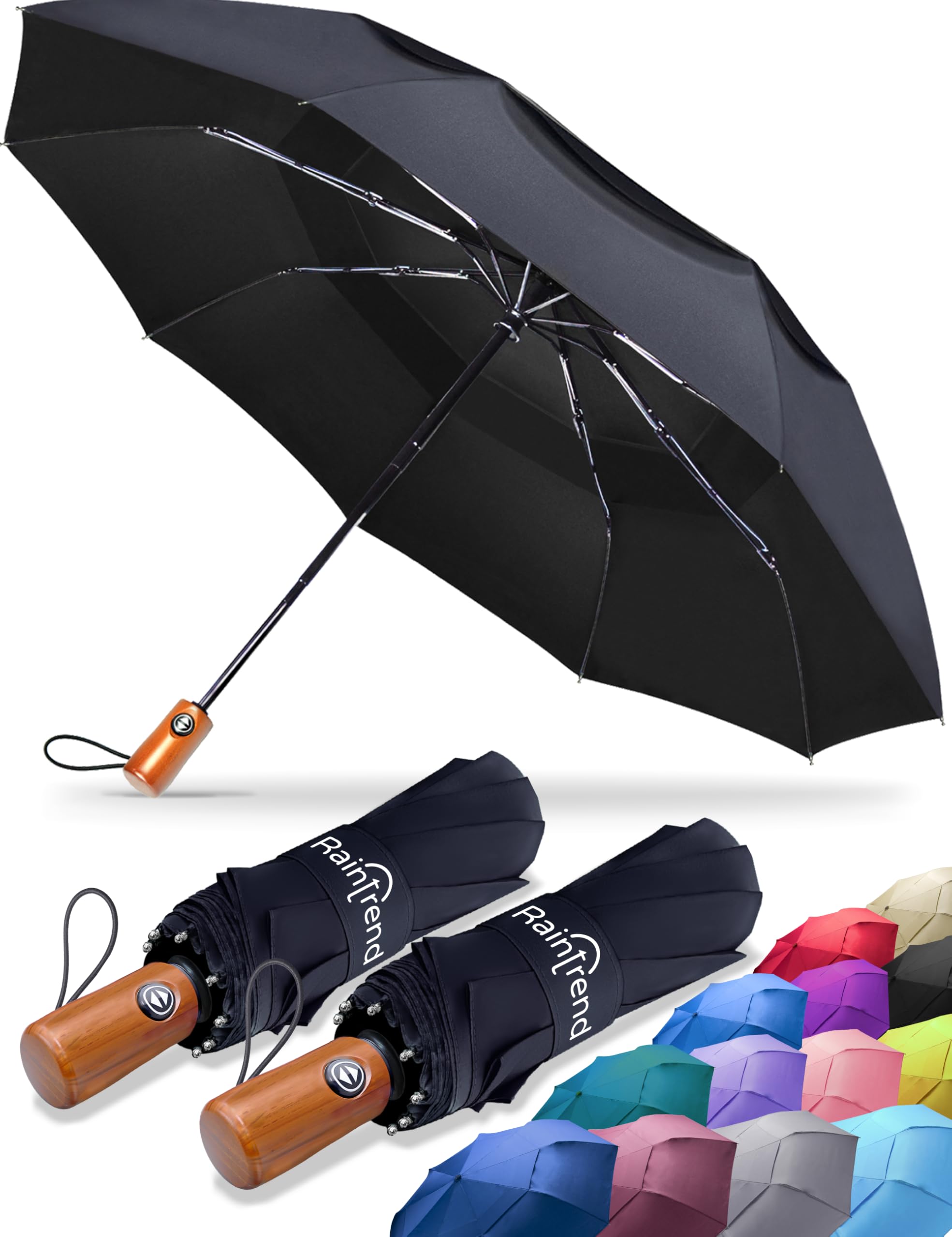 Premium Umbrella Windproof Travel Umbrellas for Rain - Compact Small Portable Folding Automatic Strong Wind Resistant Large Double Canopy - Womens Mens Umbrella for Backpack Car Purse
