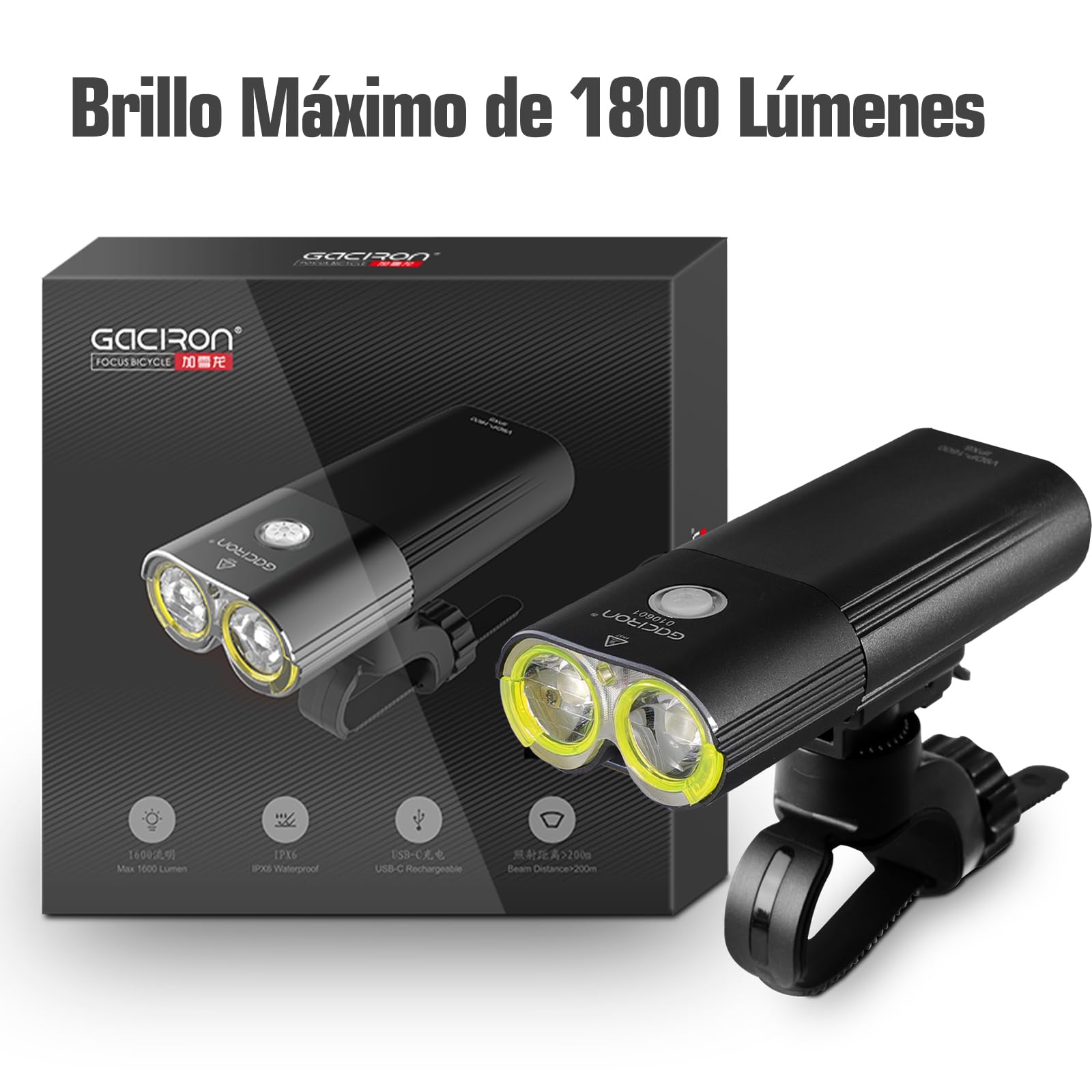 Lumière avant de vélo Gaciron de 1800 lumens, avec lentille optique acrylique anti-éblouissement, 6 modes de luminosité, télécommande par câble, lumière vélo USB-C rechargeable avec fonction d'énergie