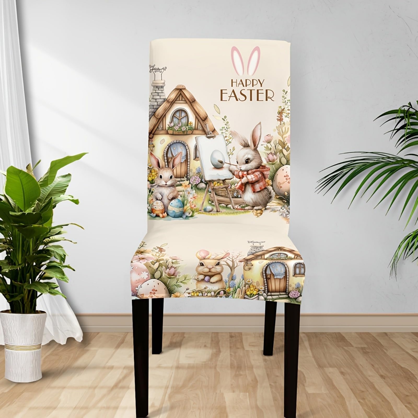Easter Rabbit Ear Dining Chair Covers 2PCS, High Back Chair Covers Washable – Universal Fit Chair Slipcovers for Kitchen