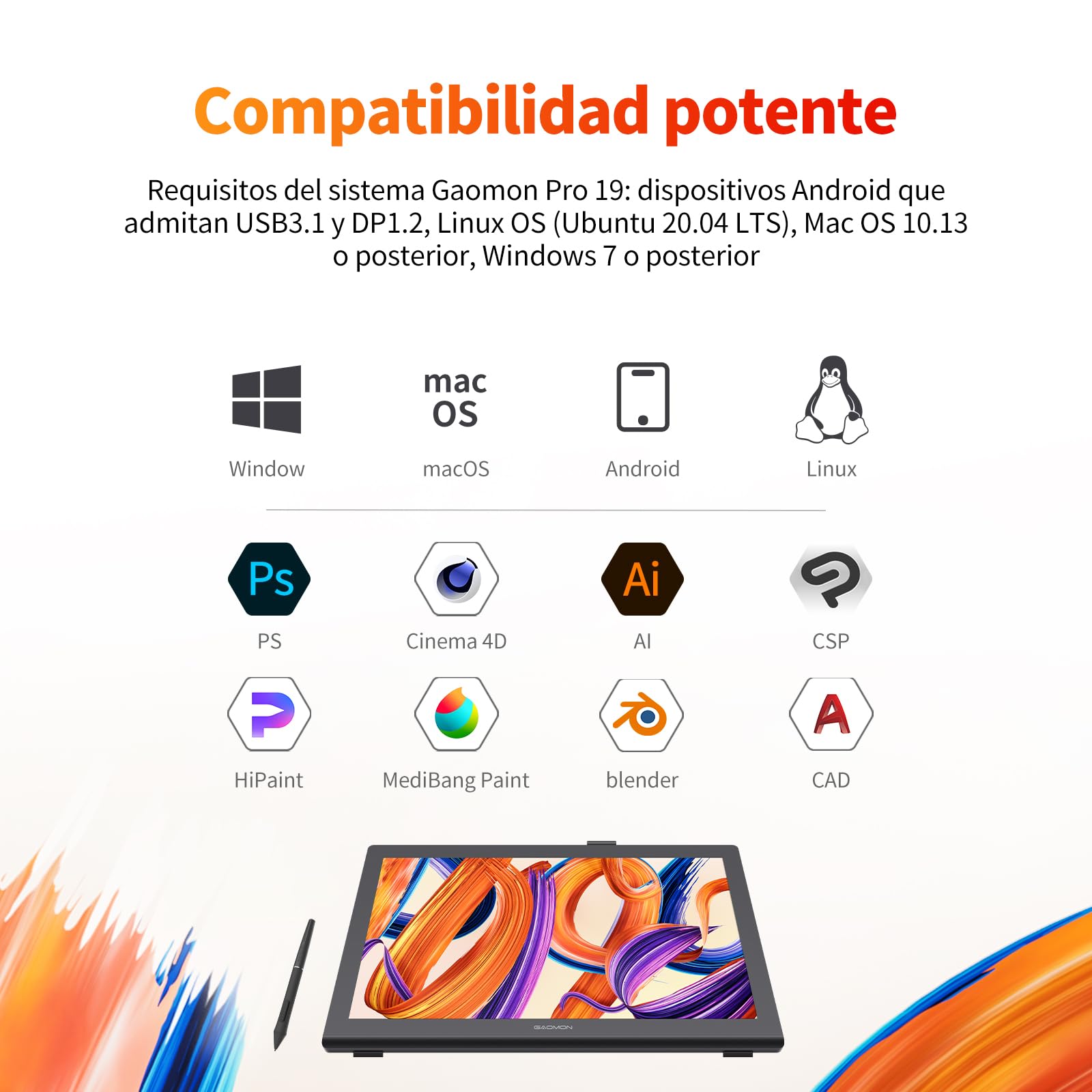 GAOMON Pro 19 Tableta Gráfica con Pantalla 18.4" 4K UHD, Lápiz G-Pro 16384 Niveles De Presión E Inclinación, Pantalla Laminada, Color Profesional, Compatible Windows/Mac