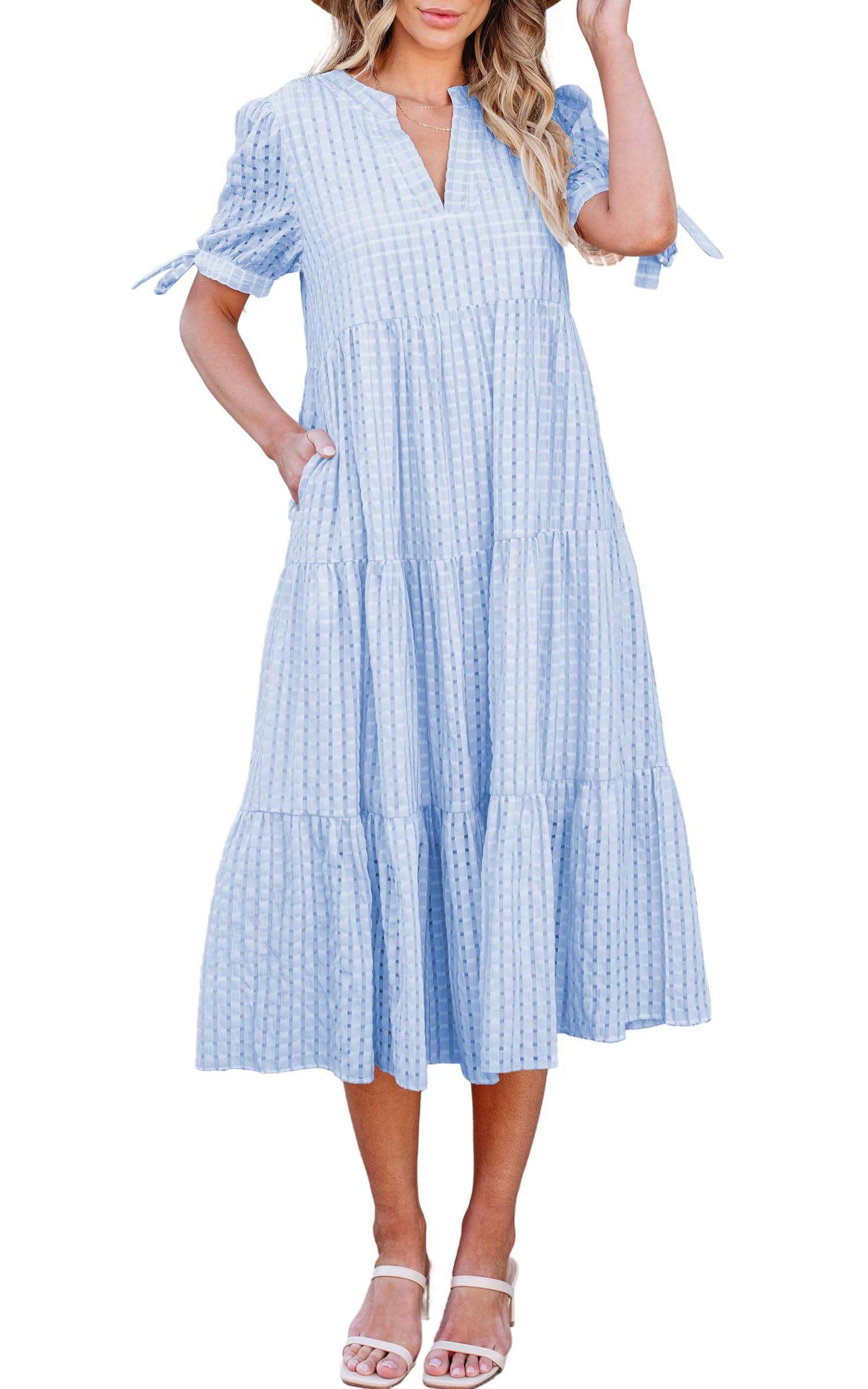 ECOWISH Women Summer Casual Dress - V Neck Short Sleeve Gingham Midi Pleated Tiered Loose Fit Holiday Picnic Dresses