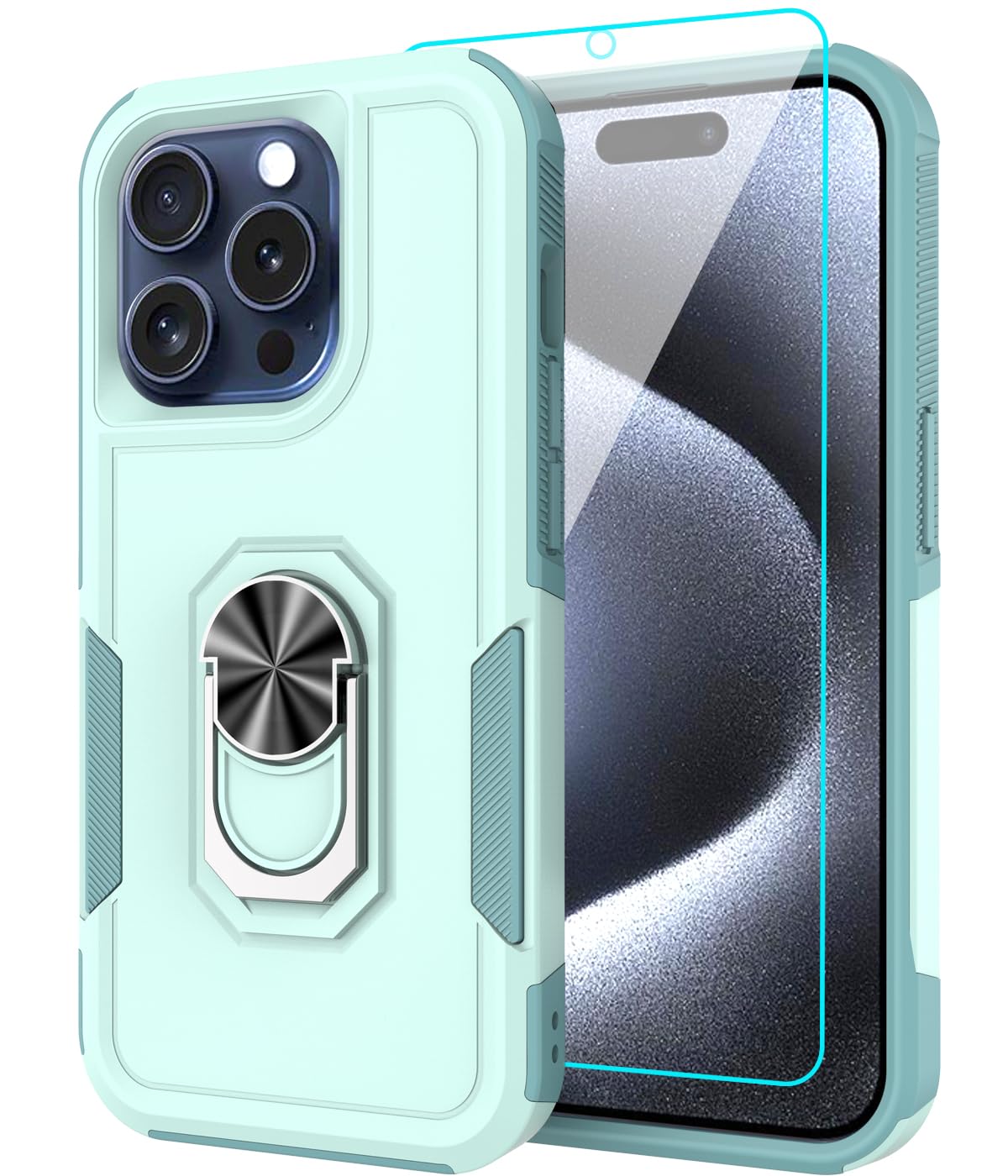 Coque iPhone 15 Pro vert menthe avec protection écran en verre trempé - 8