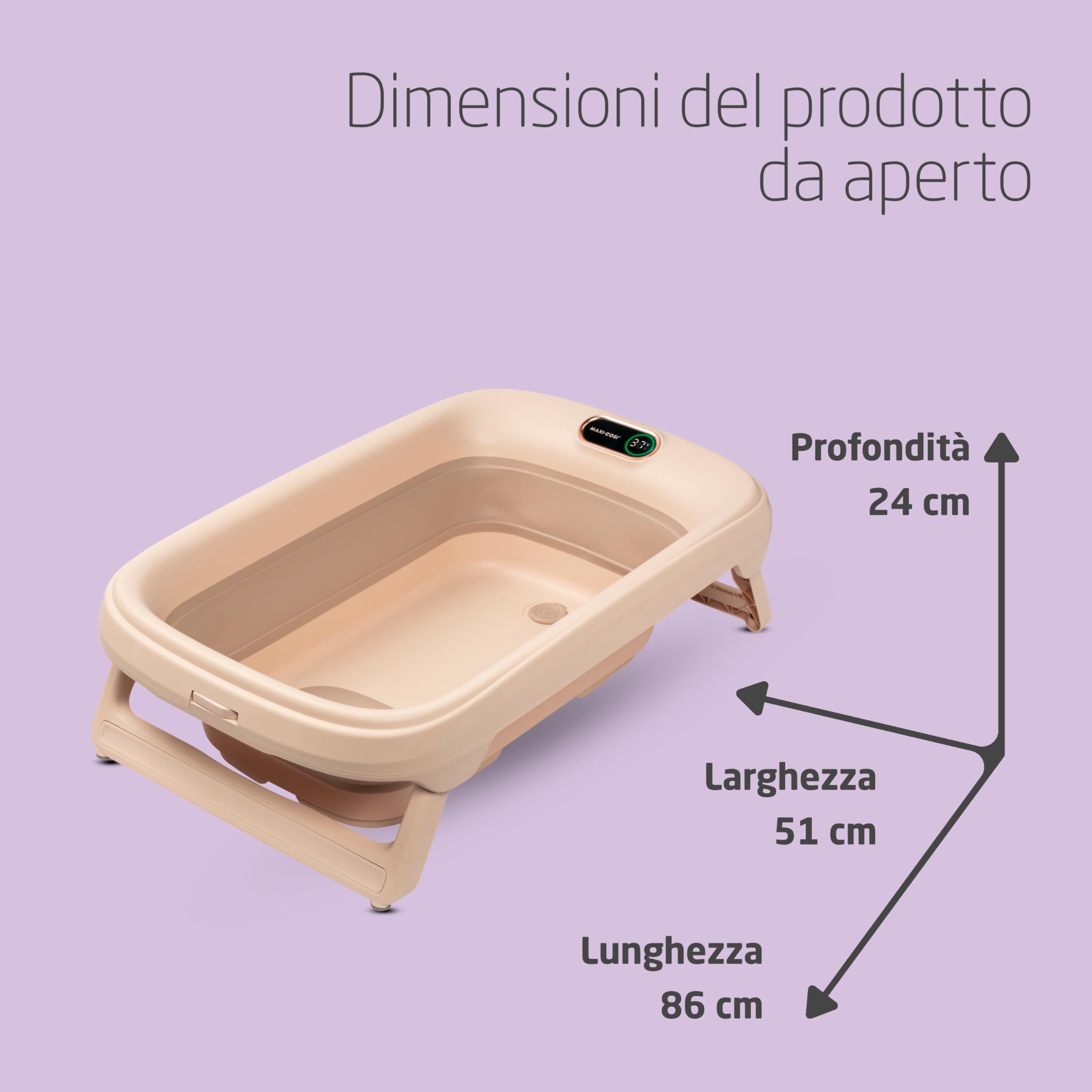 Maxi-Cosi Indigo Vaschetta Bagnetto Neonato Pieghevole, Bagnetto Bambini 0-4 Anni, Termometro HighSense Integrato, Anti-scivolo, Vaschetta Bagnetto Neonato da Viaggio, Chiusura Compatta, Muted Terra