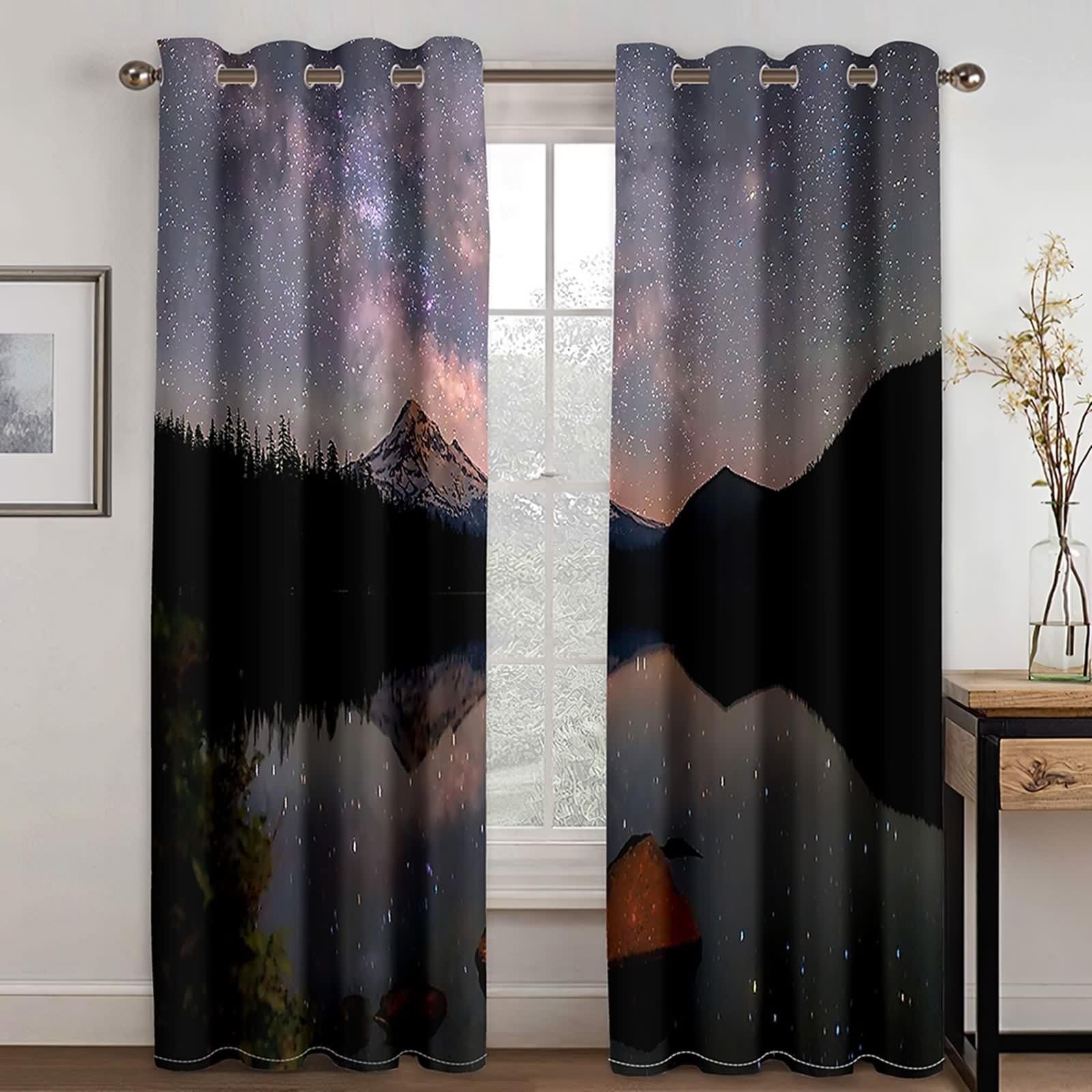 Rideau Noir Anniversaire, Rideau Occultants Polyester Lac Montagne Ciel Étoilé 102L x 229H CM Lot de 2