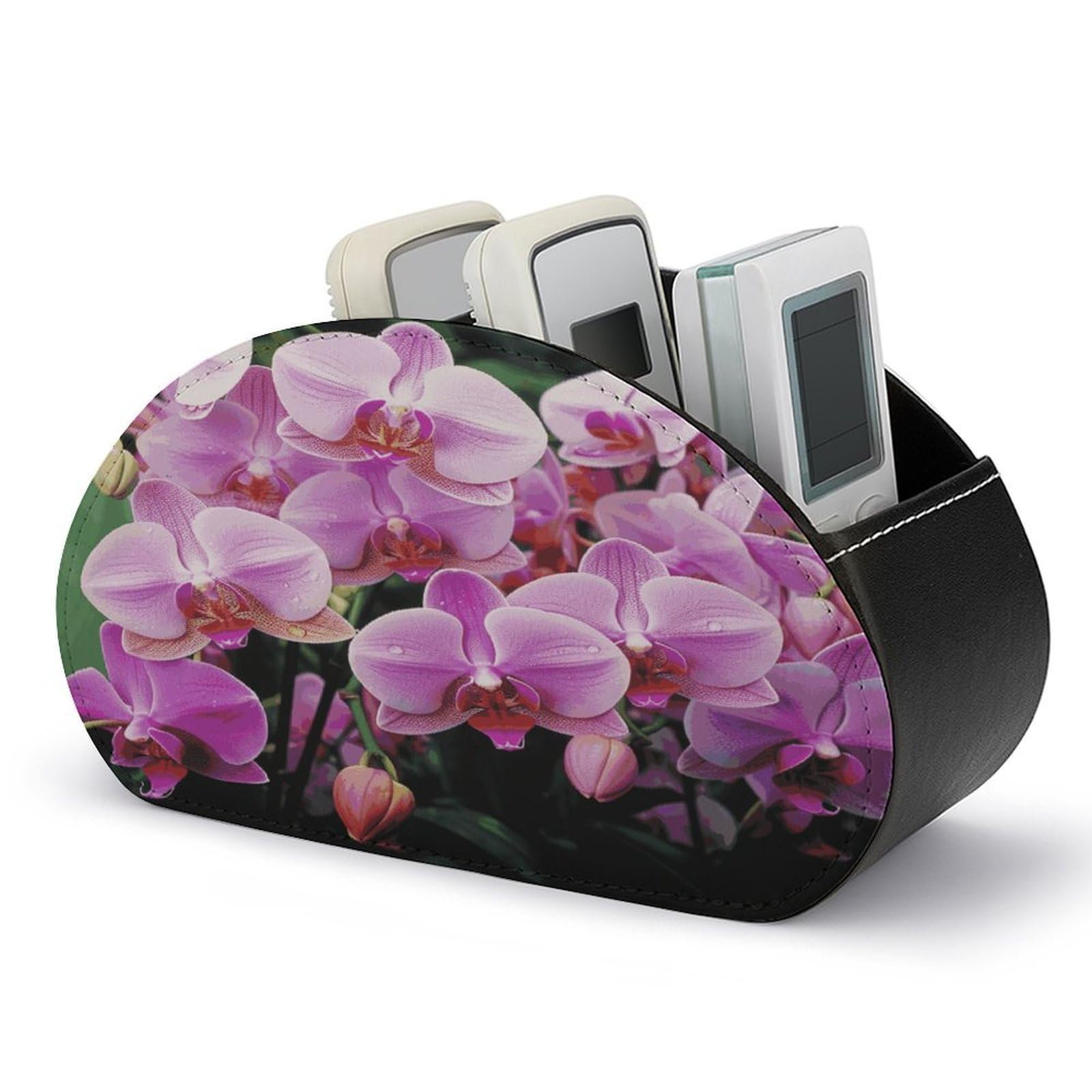LZQPOEAS Orchids Remote Control Holder with 5 Compartments PU Leather Remote Organizer Box Caddy for Table Nightstand Remote Caddy Desktop Organizer Fits Media Controllers