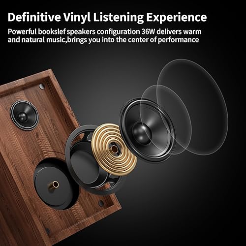 Miniatura 6 de Sistema de alta fidelidad Bluetooth con altavoces de estantería de 36 W, reproductor de discos de vinilo diseñado por Patend con cartucho magnético,