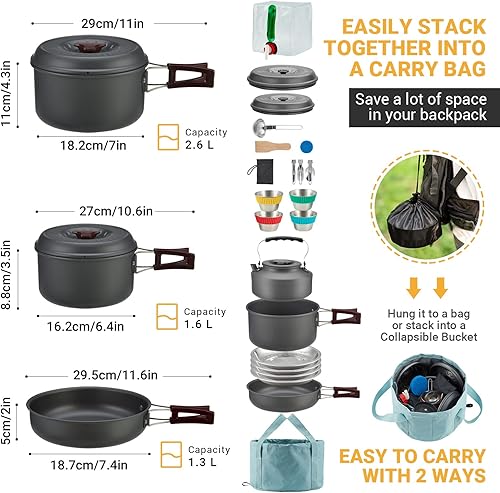 Miniatura 10 de Bulin 24131184 PCS Camping Cookware Mess Kit Lightweight Backpacking Cooking Set Outdoor Cook Gear for Family Hiking PicnicKettle Pot Frying Pan