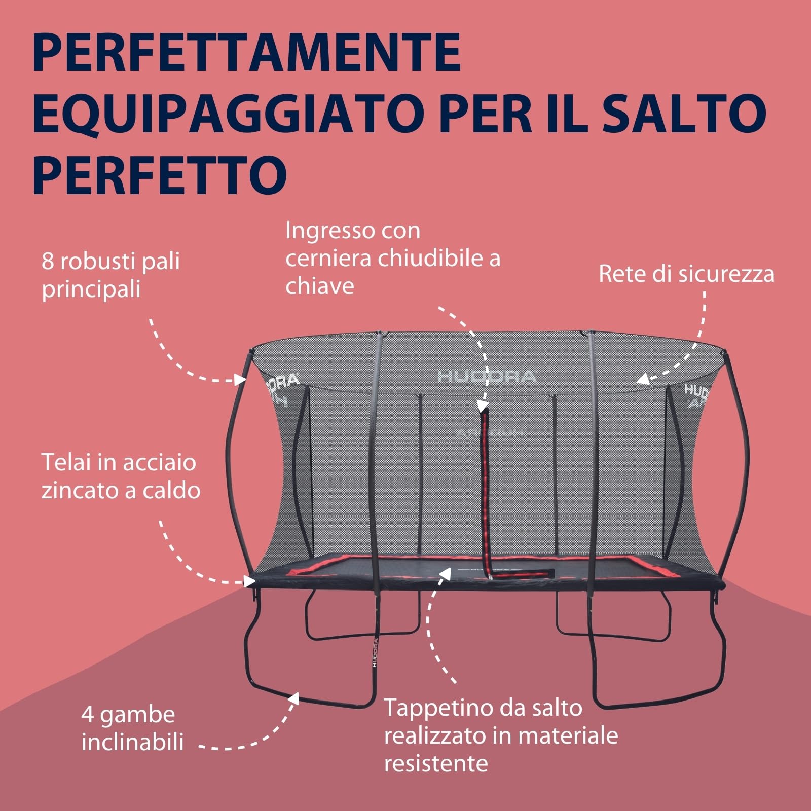 HUDORA trampolino 4square - 244x366/215x305cm grande, rettangolare per esterni - Trampolino sportivo rettangolare fino a 120kg - Trampolino per famiglie con rimbalzo elevato - Trampolino di qualità