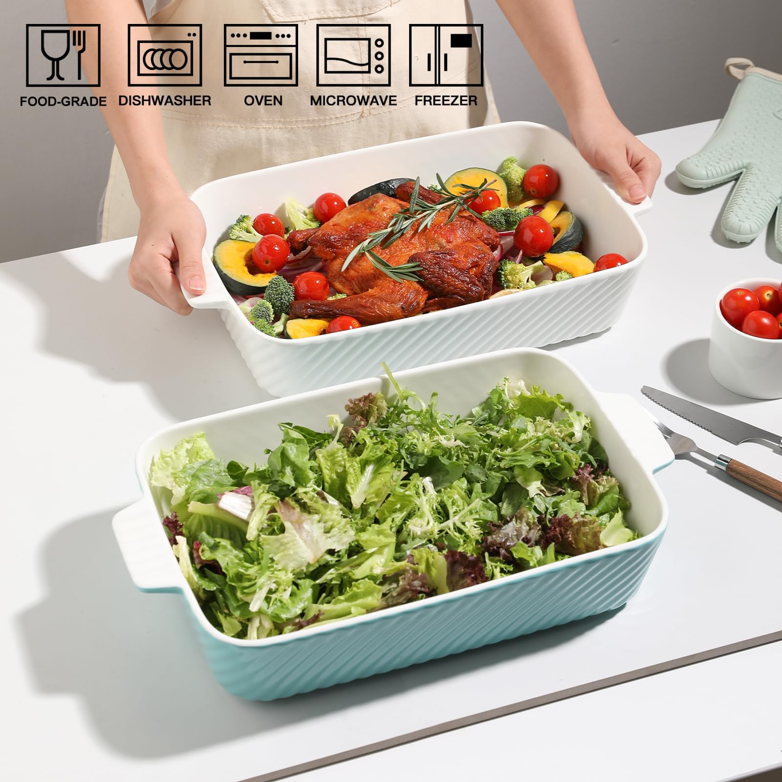 Sweejar Keramik-Backform, Kuchenbackform für Brownie, Porzellan, gestreift, Auflaufformen für Ofen mit Griff für Lasagne, Familienessen (weiß), 33 x 22,9 cm