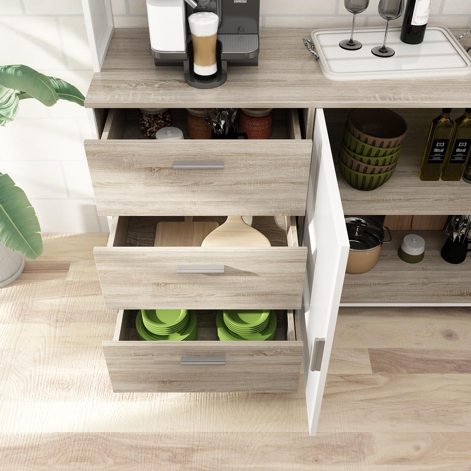 Alacena Cocina, Mueble Aparador Comedor con 3 Puertas y Cajones, Estilo Industrial Sencillo, 174 x 150 x 40 CM, MDF, Color Roble