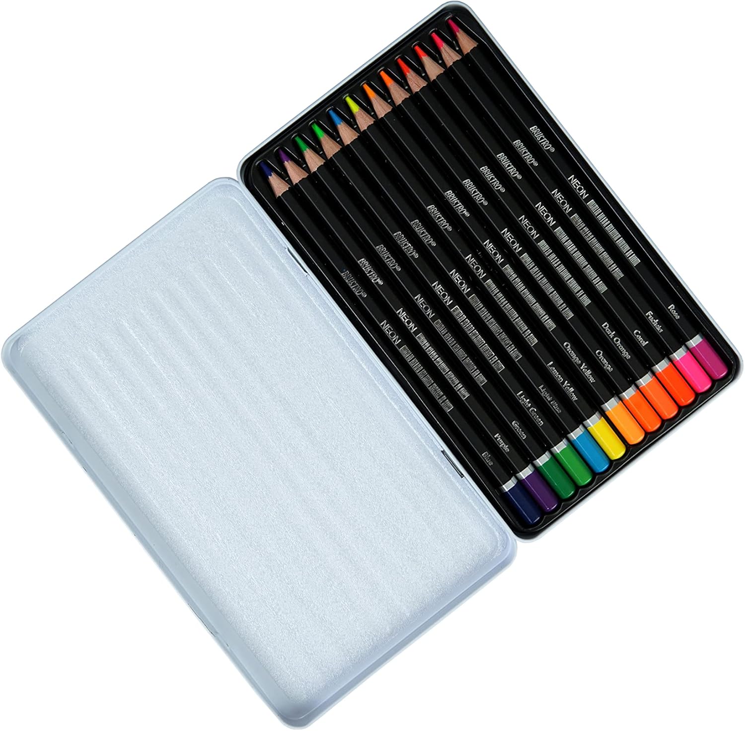 BRUSTRO Neon Colour Pencils 12 Tin |Multicolour| 3.3mm | Lead Strength, Ideal for Colouring, Painting, Layering, Use on Fabrics, Wax-Based | Set of 12 | (in Elegant tin Box)