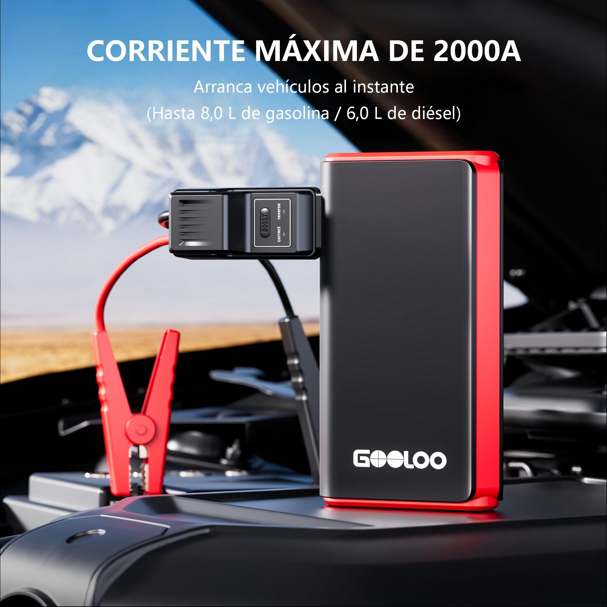 GOOLOO GE2000 - Arrancador de salto de 2000 A (hasta 8 L de gas/6 L diésel) con carga rápida USB-A, luz de emergencia LED y abrazaderas de metal inteligentes, paquete de refuerzo de batería portátil