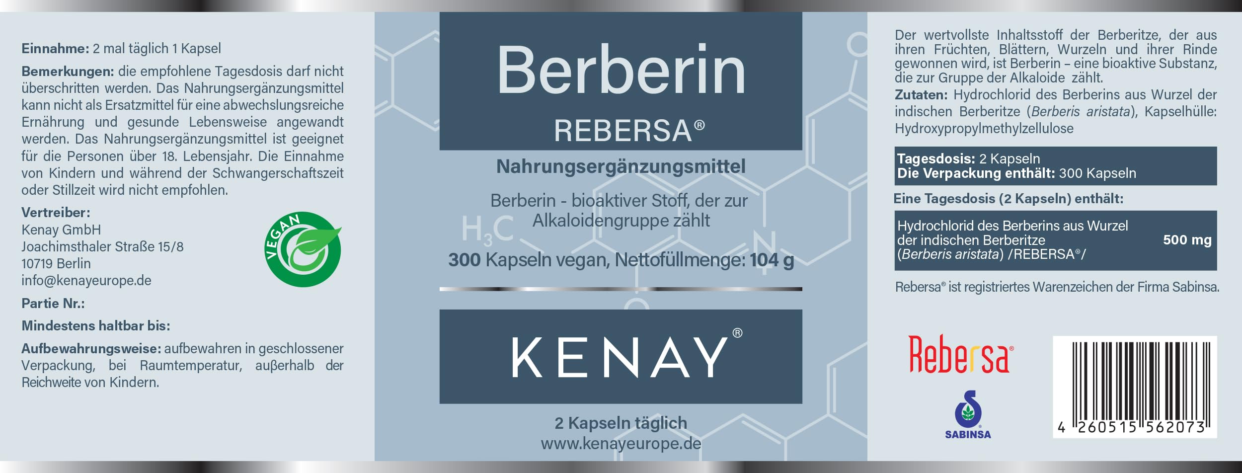 Berberina HCL REBERSA (Berberis aristata) - 500 mg por dosis diaria - Vegano - Sin estearato de magnesio - 300 cápsulas vege KENAY EUROPE