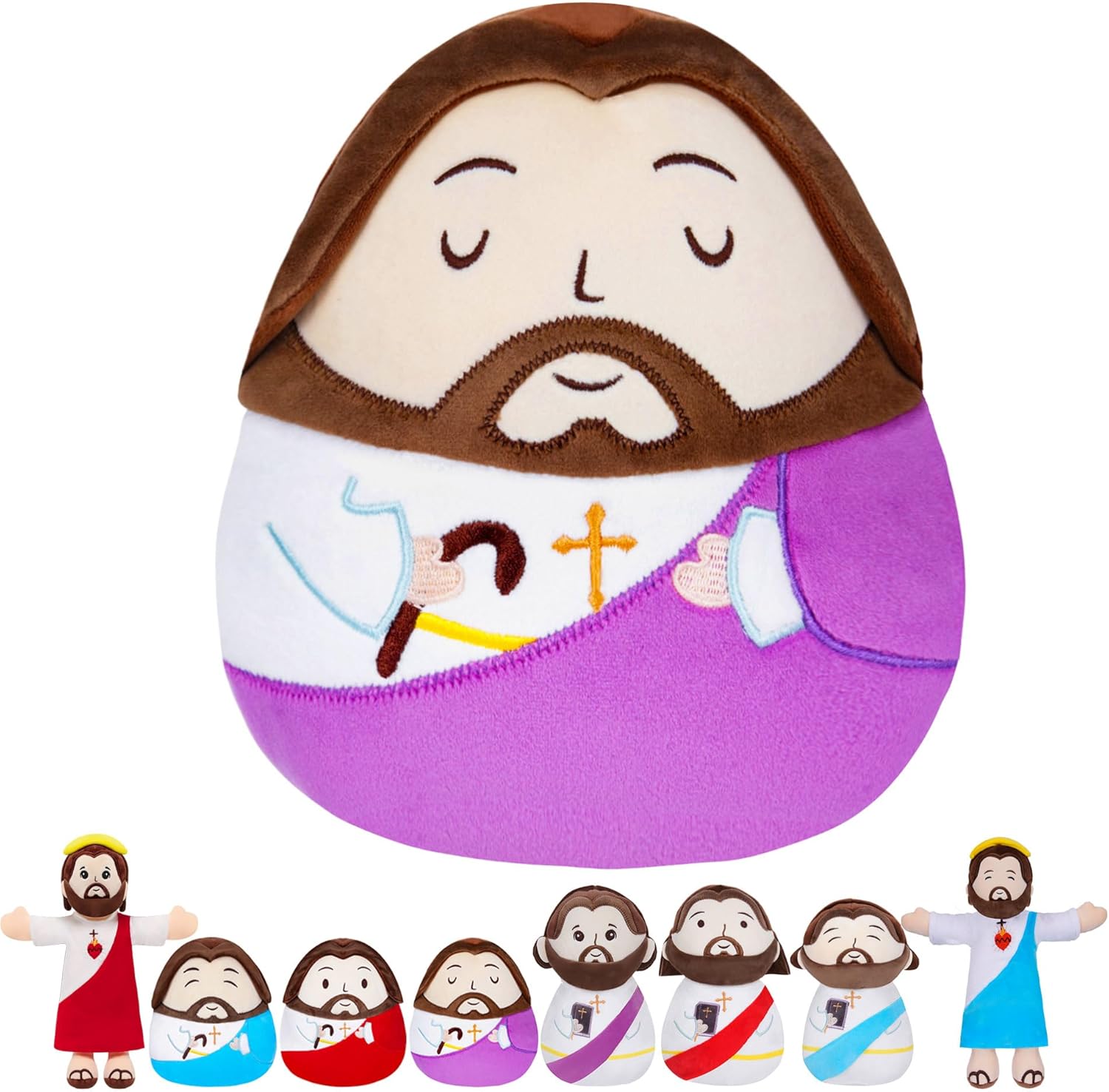 Jesus Plush Pillow Stuffed Animal - Jesus Doll with Cross Prayer Staff Perfect Christian Easter Gifts for Kids Adults Purple 10 Inch