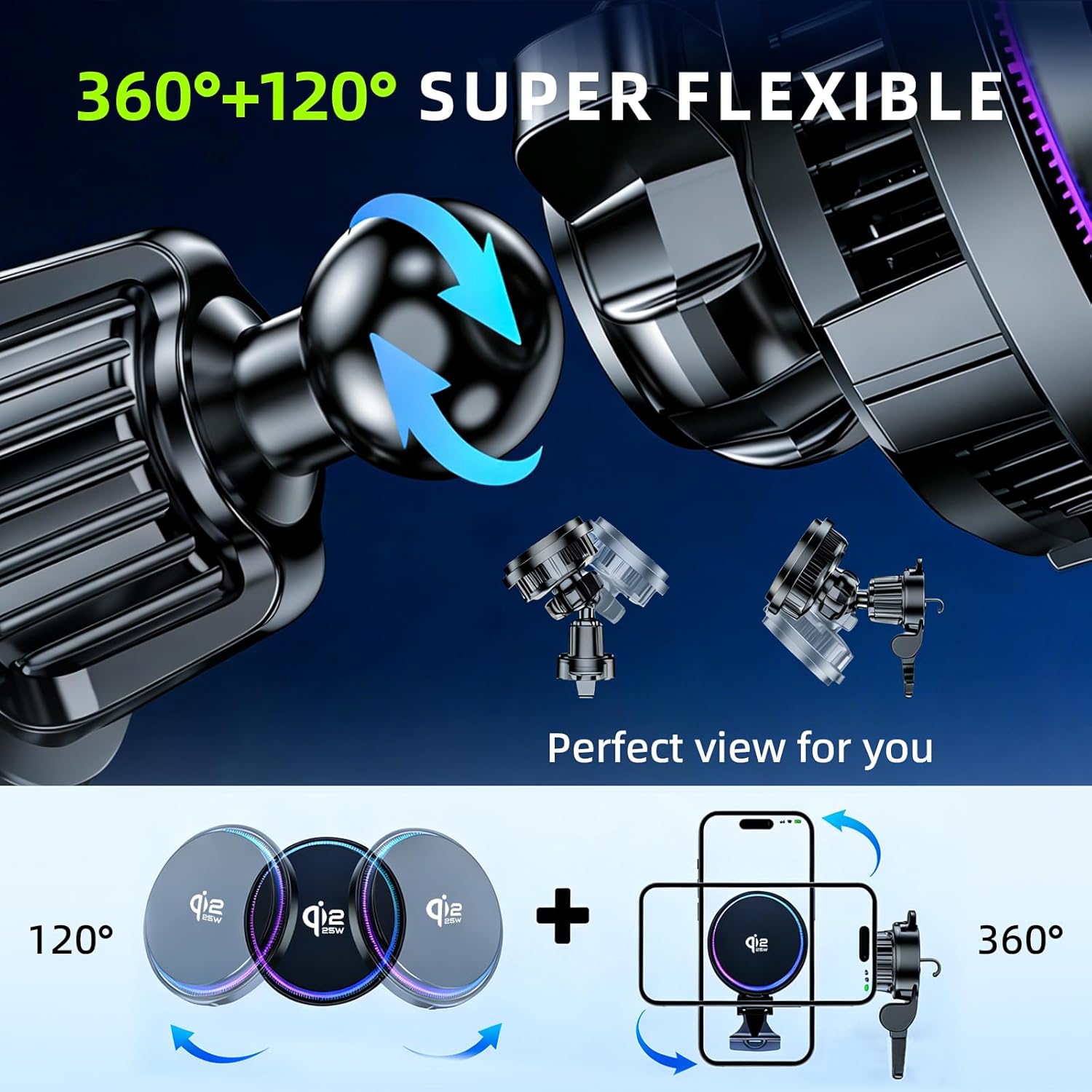 25W Qi2.2 Wireless Car Charger, Magnetic Phone Holder with RGB Light and Ice Cooling, Car Mount Charger 360°Rotation for Air Vent, Fast Charger for iPhone 17 Max Plus 16 15 14 13 12 Air Pro