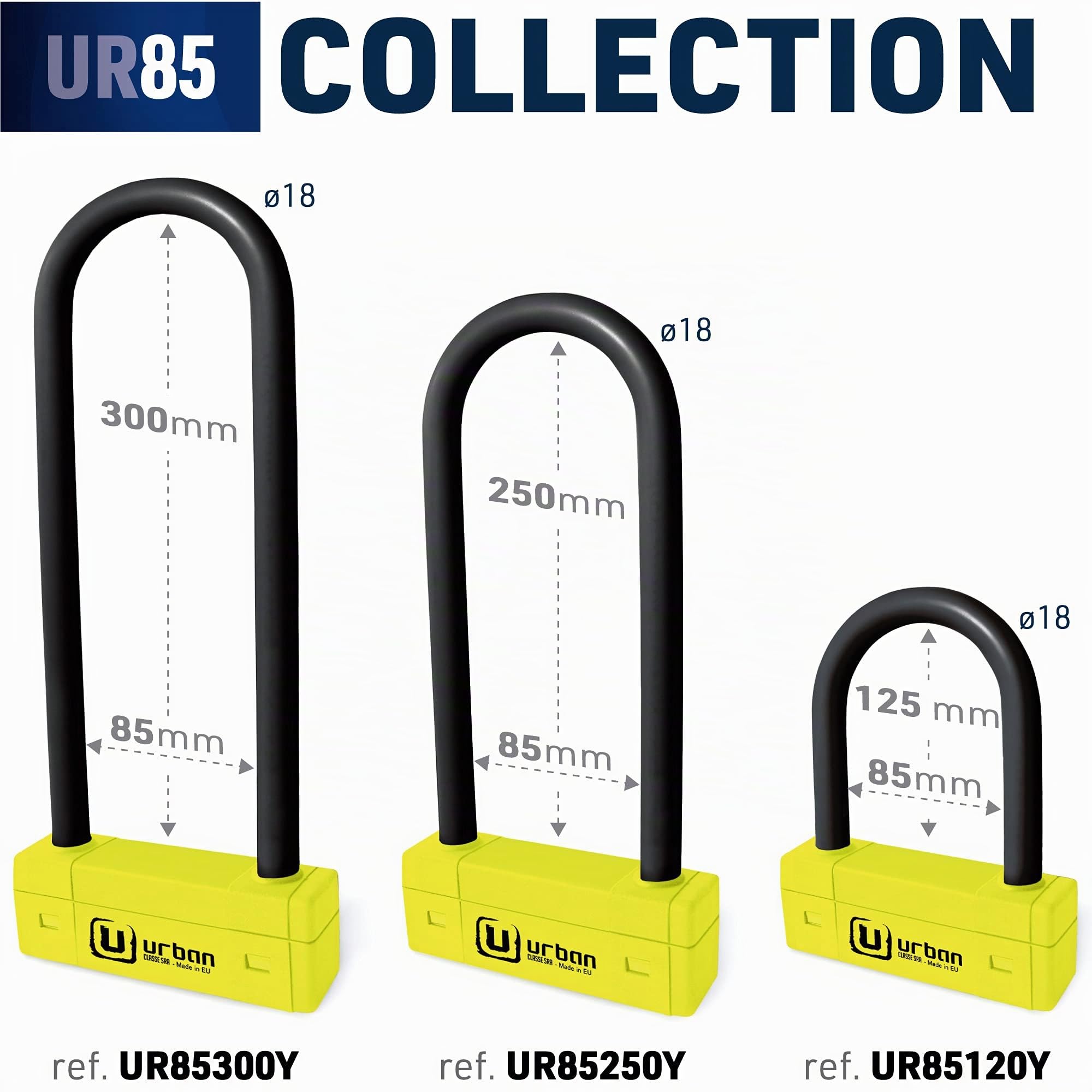 URBAN UR85250Y Antivol Moto Homologué SRA, U ø18 Sécurité Maximale, Acier Trempé, Double Verrouillage Anti-Levier Anti-Sciage, Jaune Plus Dissuasif, Cadenas Anti Vol U pour Moto Scooter Vélo, 85x250mm
