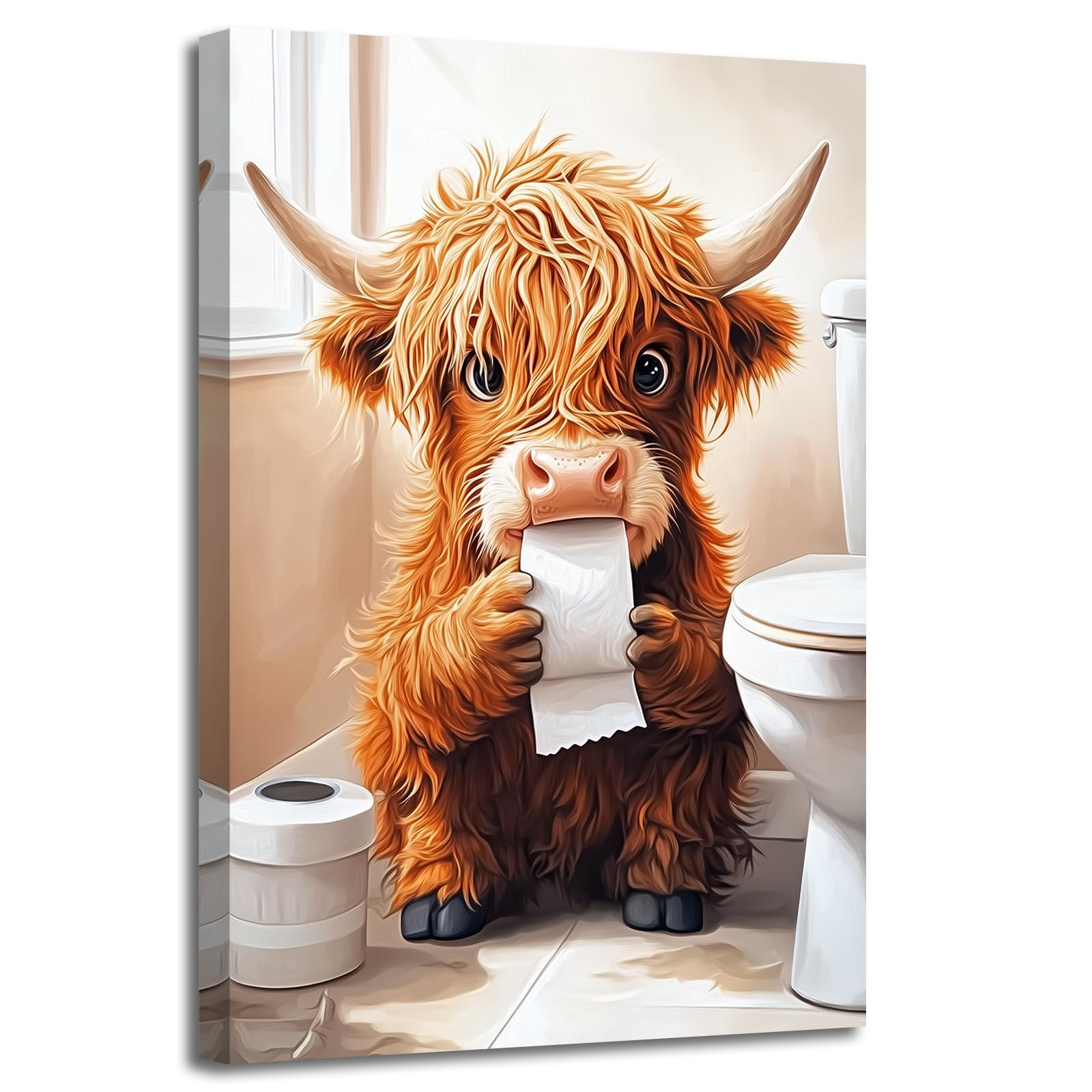 ZXHYWYM Funny Highland Cow Bathroom Decor Cute Cow in Toilet Poster Prints Brown Cow Wall Art Bathrobe Cow Canvas Rustic Farmhouse Decor Framed (Gold, (30.00 x 45.00 cms))