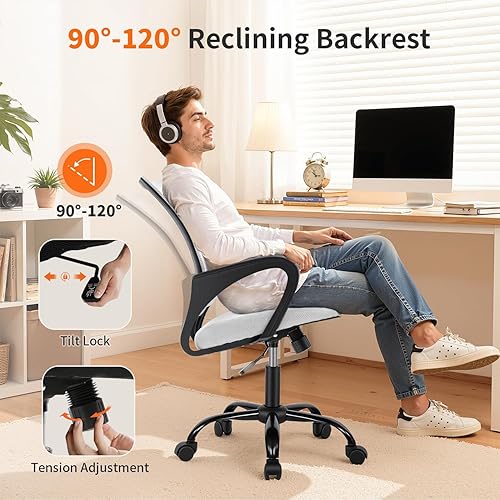 Miniatura 5 de BestOffice Silla de oficina ergonómica de malla para computadora, soporte lumbar, taburete ejecutivo ajustable, silla giratoria con ruedas para