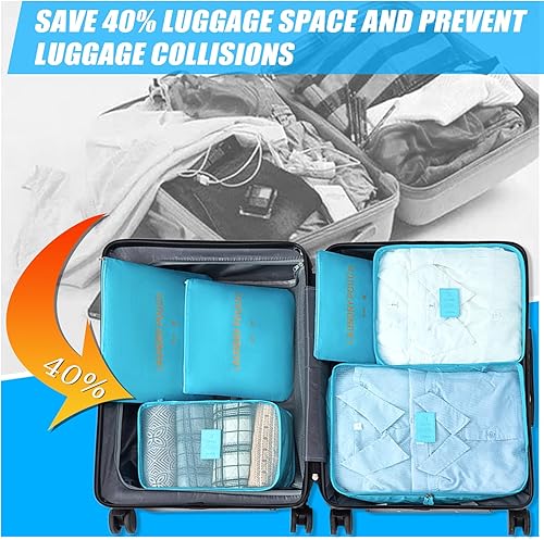Miniatura 6 de Juego de 6 cubos de equipaje esenciales de viaje para equipaje de mano, organizadores de equipaje, maleta, accesorios de viaje (azul cielo)