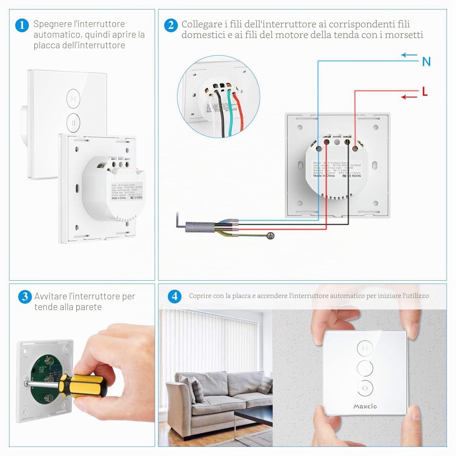 Maxcio Interruttore per tapparelle, timer compatibile con Alexa & Google Home, interruttore intelligente per tenda da sole, persiana, tenda, controllo tapparelle WiFi con timer e creazione di gruppo,
