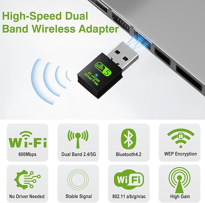 Adaptador USB WiFi Bluetooth 600Mbps Doble Banda 2.4/5GHz miniatura 2