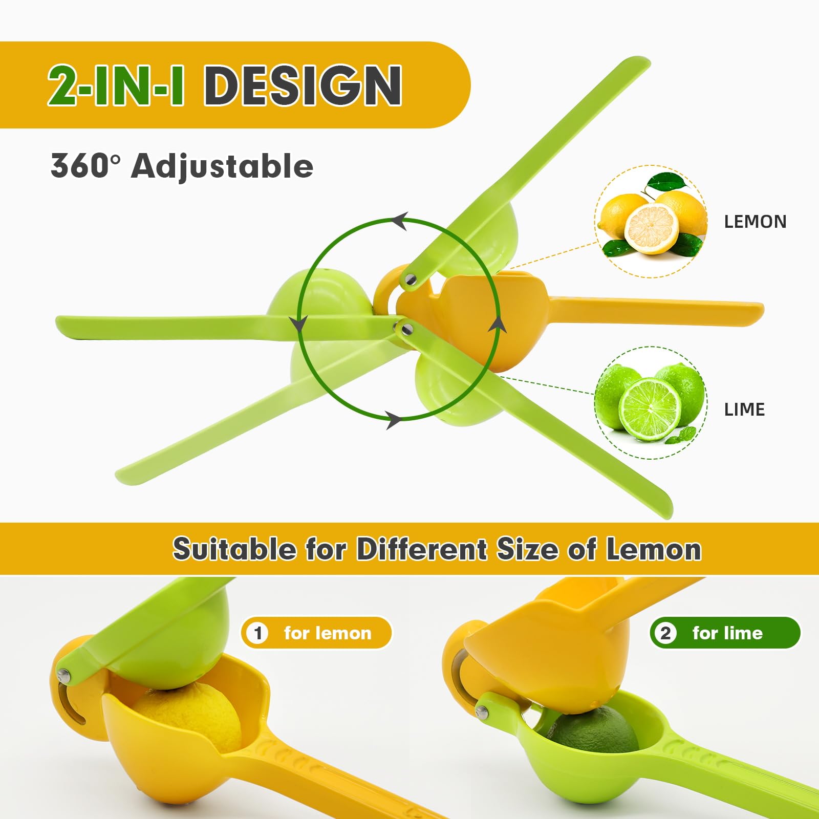 Jahao 360° Adjustable 2-in-1 Lemon Juicer Squeezer Manual Lime Squeezer Hand Press Double Size Juicer Citrus Squeezer Handheld, Large Heavy Duty Solid Fruit Presser for Orange Lemon Lime, Green Yellow