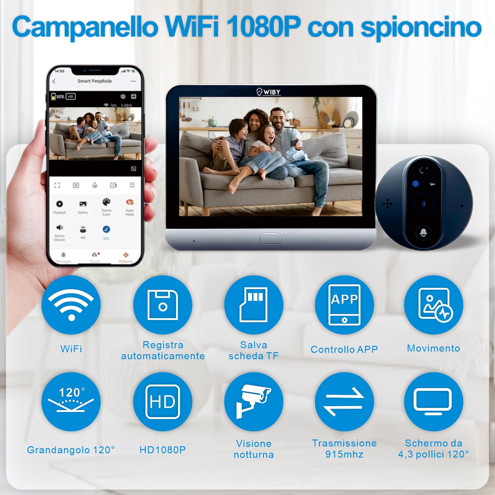Spioncino Digitale 4.3" con Campanello 1080P Wi-Fi 2,4GHz, Rilevamento PIR, Audio Bidirezionale, Visione Notturna, Compatibile con Alexa e Google Home, microSD fino a 128 GB, Batteria 5000mAh