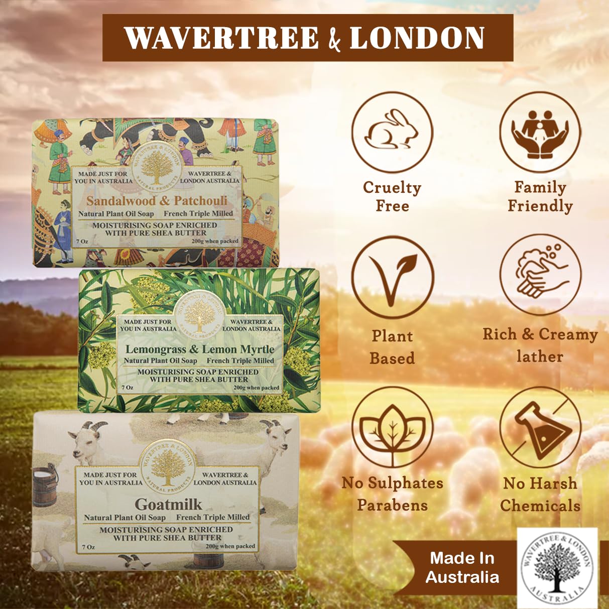 Wavertree & London Trio Gift Box (3 Bars) - 7oz Lemon Myrtle, Goats Milk, Sandalwood Patchouli Scented Moisturizing Triple Milled Natural Soap Bars - Pure Plant Oil Soap Bars for All Skin Types - Image 2
