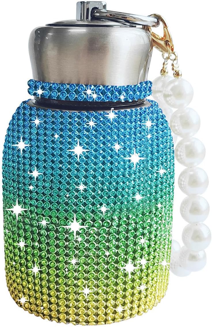 Insulated Water Bottle Bling Double Wall Stainless Steel Vacuum Flask with Glitter Rhinestones Diamond 10 oz Keep Cold Water Bottle with Pearls Bracelet Handle, Bright Gold