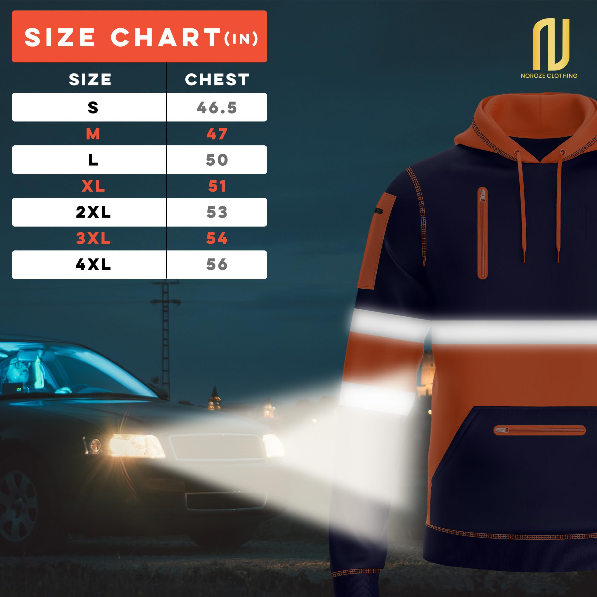 NOROZE Męska bluza z kapturem Hi-Viz szara taśma odblaskowa płaszcz bezpieczeństwa o wysokiej widoczności z 4 zamkiem błyskawicznym użytkowe kieszenie na telefon i gadżet bluza top kurtka rozmiar UK