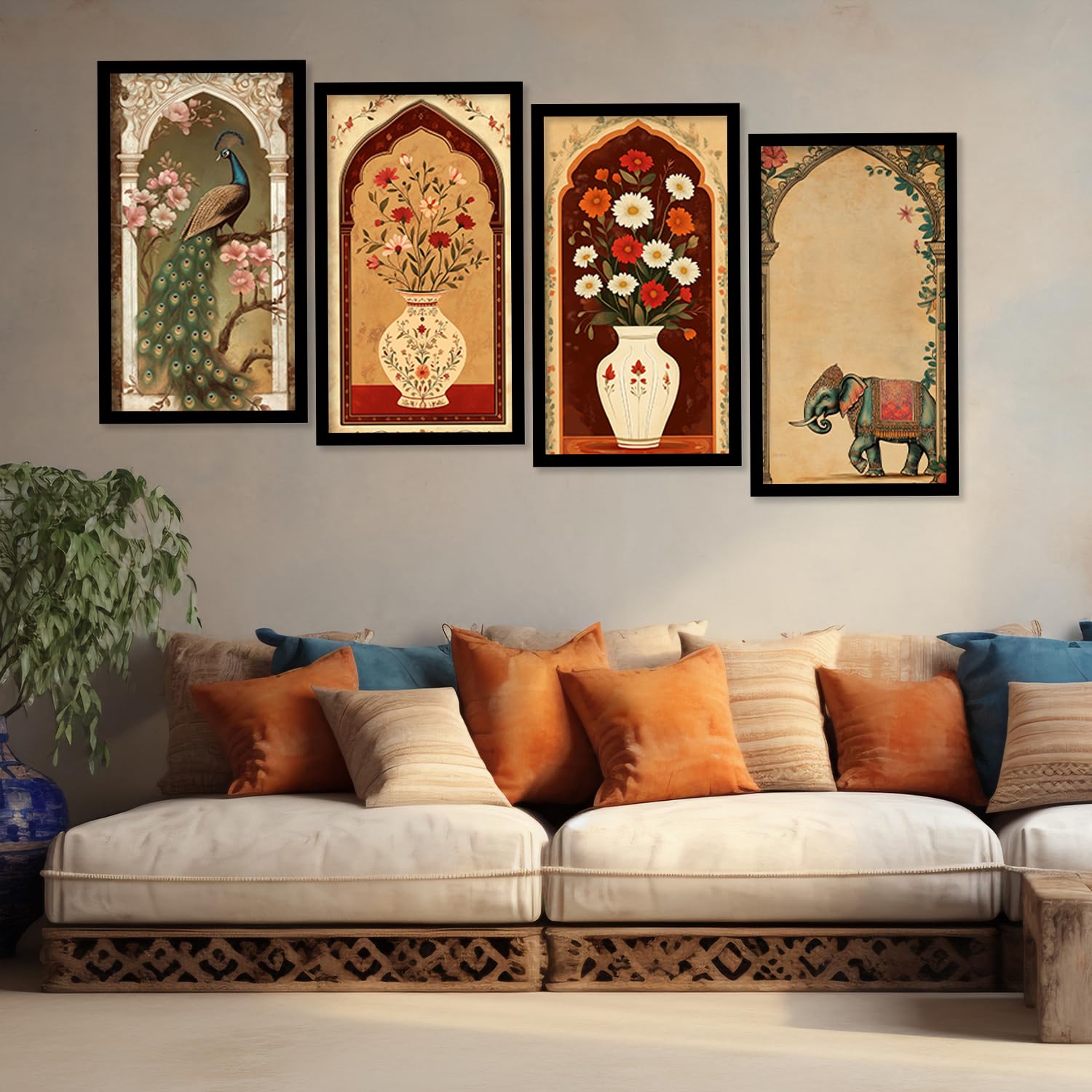 BANGERZ Painting For Wall Decoration - Madhubani Wall Painting for Living Room Bedroom Office Wall Decor (10inch x 19inch)(Pack of 4) (Artwork 4, Black Frame, Framed) 1