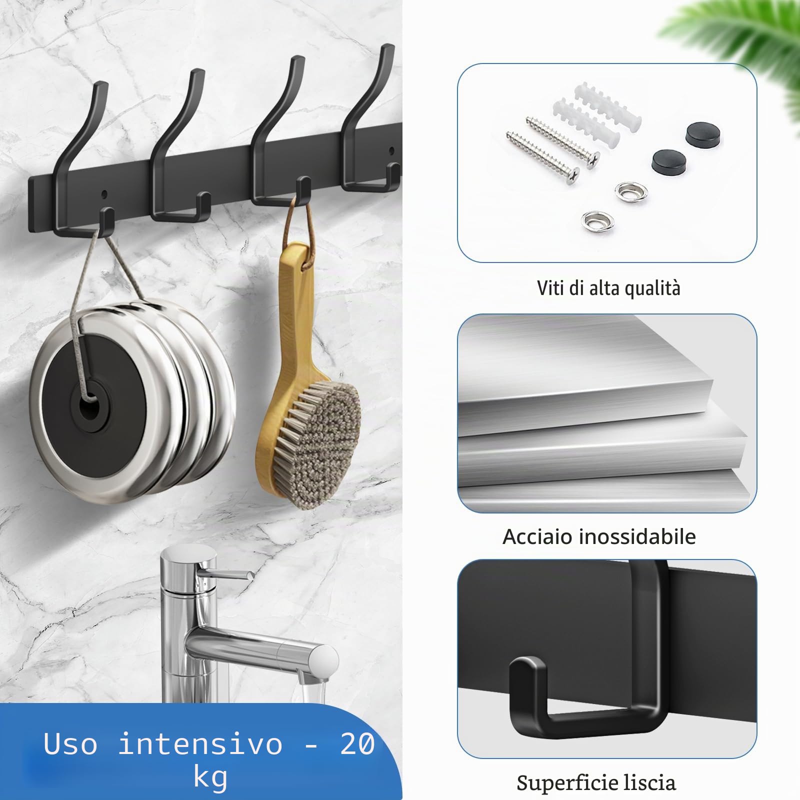 Appendiabiti da Parete, Attaccapanni da Muro in Acciaio Inossidabile, Appendiabiti da Muro per Ingresso, Cameretta e Bagno (Nero, 8 Gancio 2Pc)