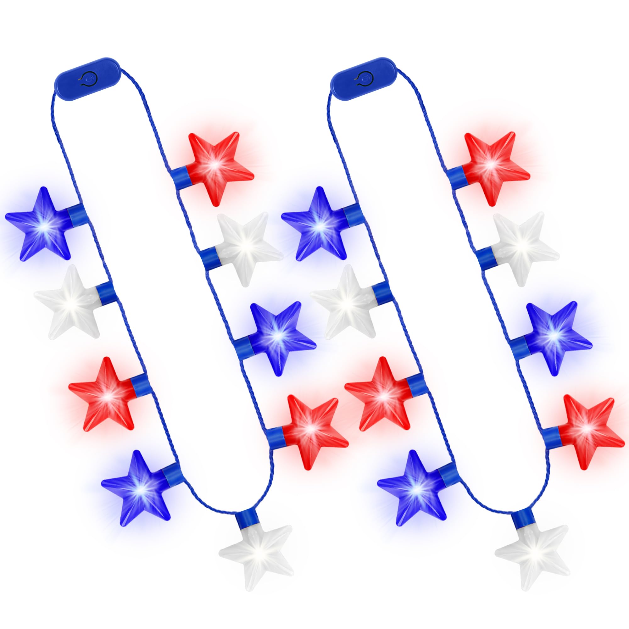 4th of July Accessories, 2Pcs Independence Day LED Holiday Light Up Stars Necklace, Red Blue White Flashing Necklace for 4th of July Parades Patriotic Celebration Themed Firework Party Memorial Day