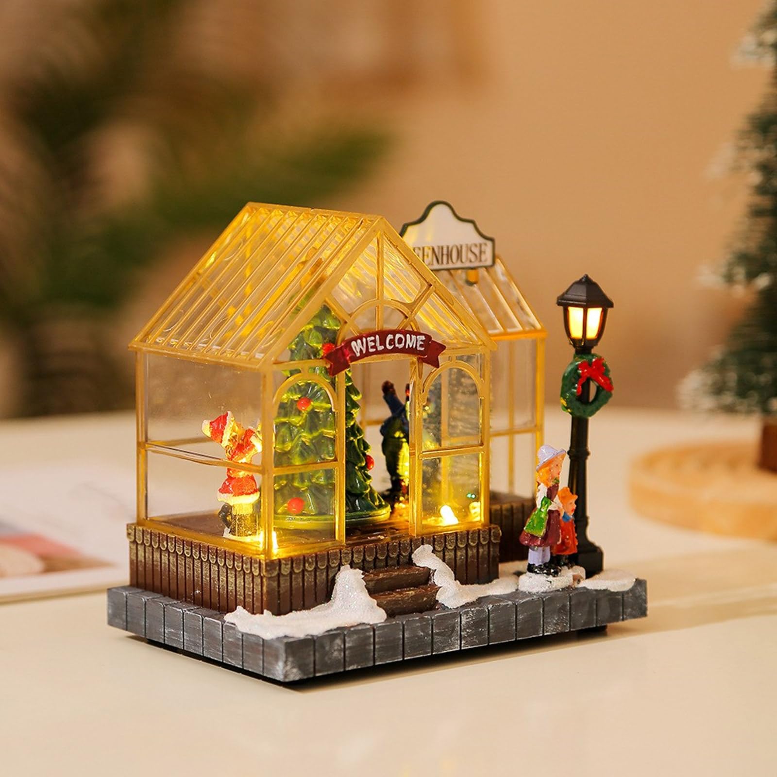 Adorno de resina musical de temporada navideña con luz LED, figura giratoria de árbol de Navidad, decoración de escritorio, adorno musical de casa