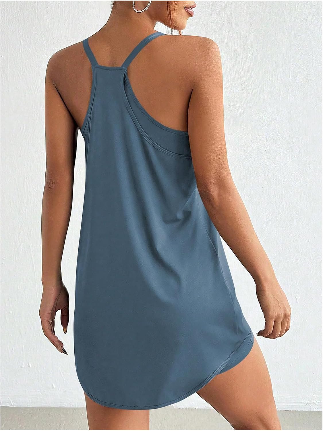 OYOANGLE Women's Athletic Mini Dresses Racerback Spaghetti Strap Sundress Scoop Neck Work Out Dress with Built in Shorts
