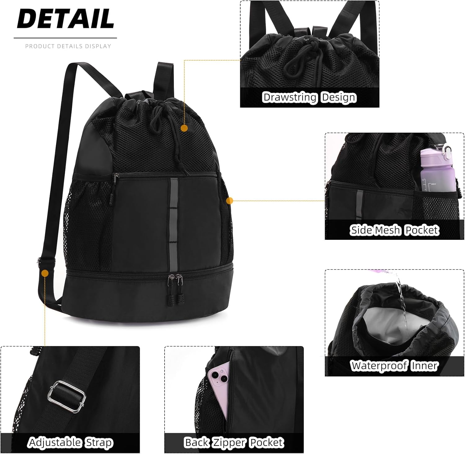 Valleycomfy Drawstring Gym Bag Sports Backpack With Shoe Compartment and Reflective Strips Black - Image 5