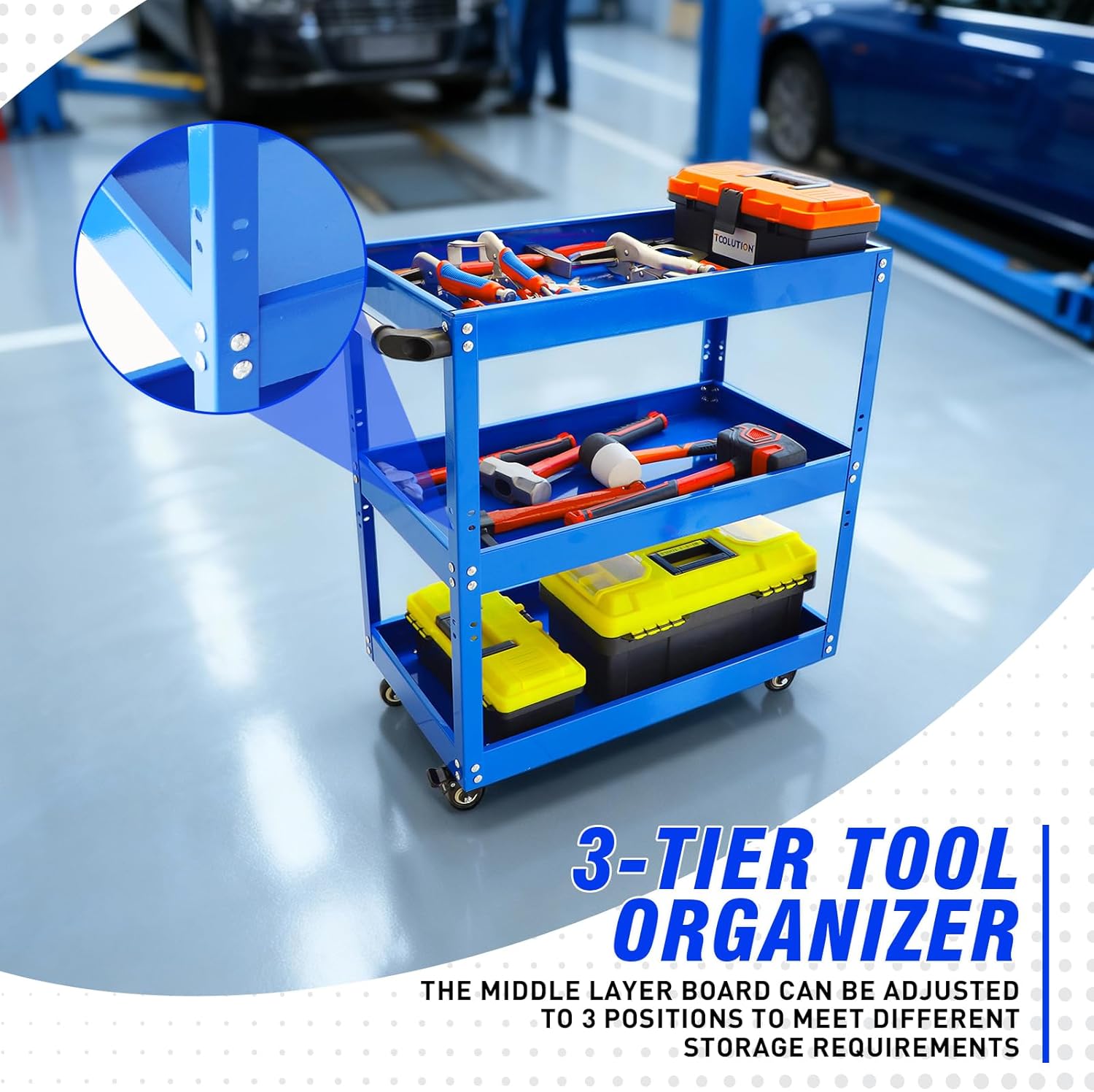 3 Tier Rolling Tool Cart with Wheel - Heavy Duty Metal Utility Shop Carts Organizer Mobile Tool Storage Service Small Work Cart for Maintenance Garage Mechanics Industrial