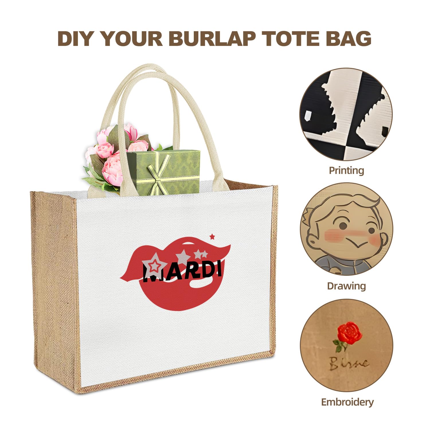 12 bolsas de mano con asa para dama de honor, recuerdos de boda, bolsa de regalo de bienvenida a granel reutilizable para compras en la playa, Yute y blanco, 12.2'' x 5.9'' x 15.4''