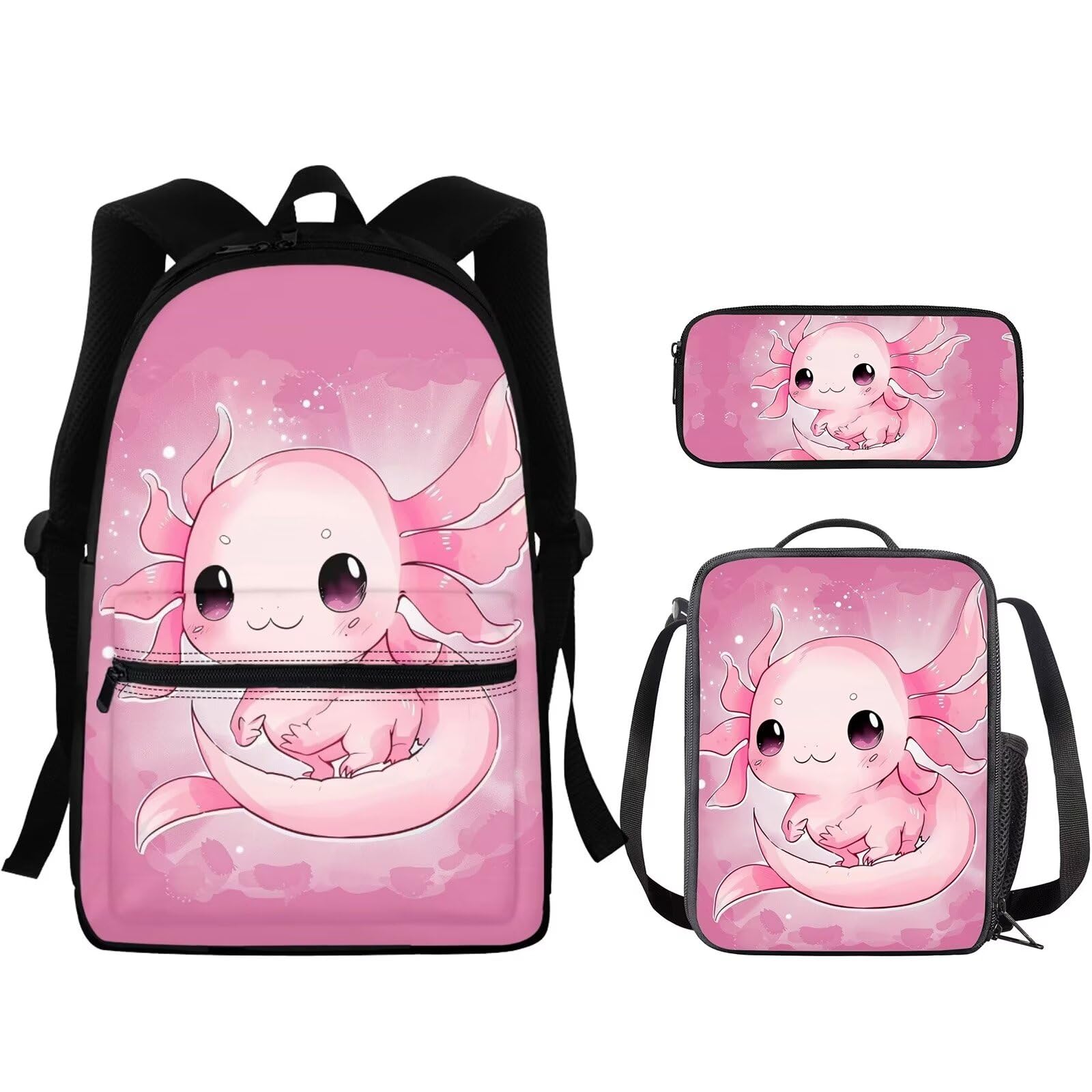 Flashideas School Backpack Set 3pcs Kids Backpack with Lunch Box Pencil Case Cute Axolotl School Backpack Lightweight Casual Daypacks Kindergarten