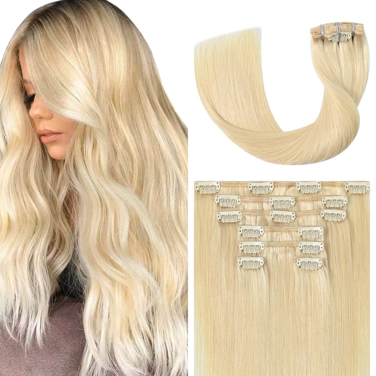 UGOTRAYS Platinum Blonde Clip in Hair Extensions - 15 Inch 70g 7pcs Platinum Blonde 100% Hair Extensions Real Human Hair Straight #60 Extensions Clip
