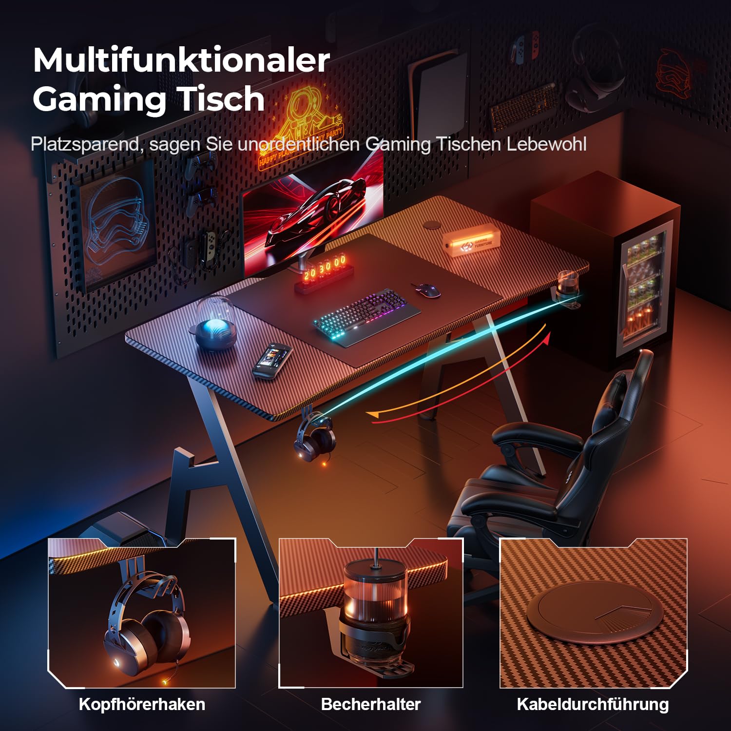 HLONONE Gaming Schreibtisch 140 x 60 cm, Gaming Tisch, Stabiler PC Schreibtisch mit Kohlefaserbeschichtung, Ergonomischer Computertisch mit Kopfhörerhaken und Getränkehalter, Schwarz