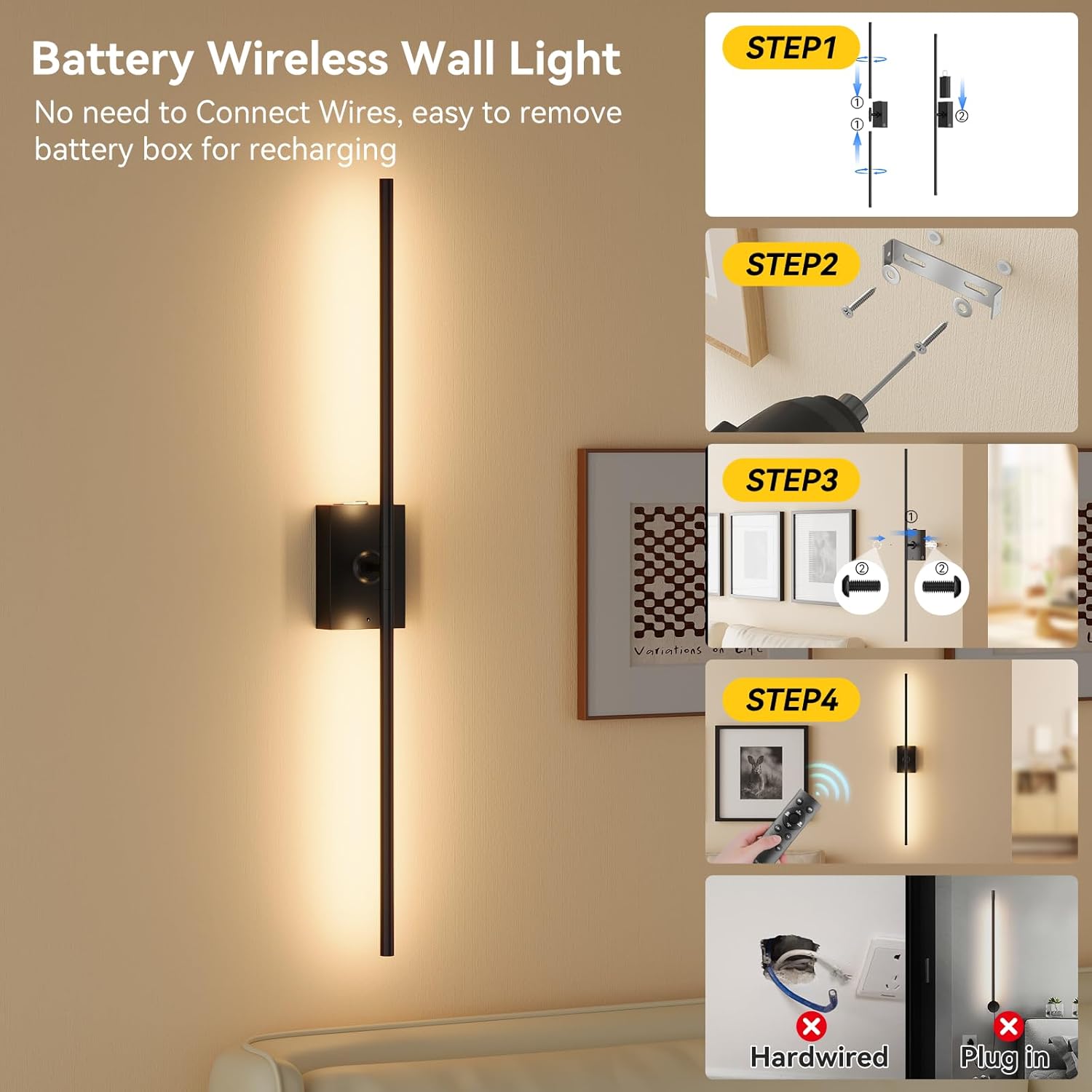 Ouyulong Battery Operated Wall Sconces Set of 2, 10000mAh Wireless Rechargeable 3000-6000K Dimmable 350° Rotate Wall Light with Remote for Living Room, Bedroom 23.6in Black