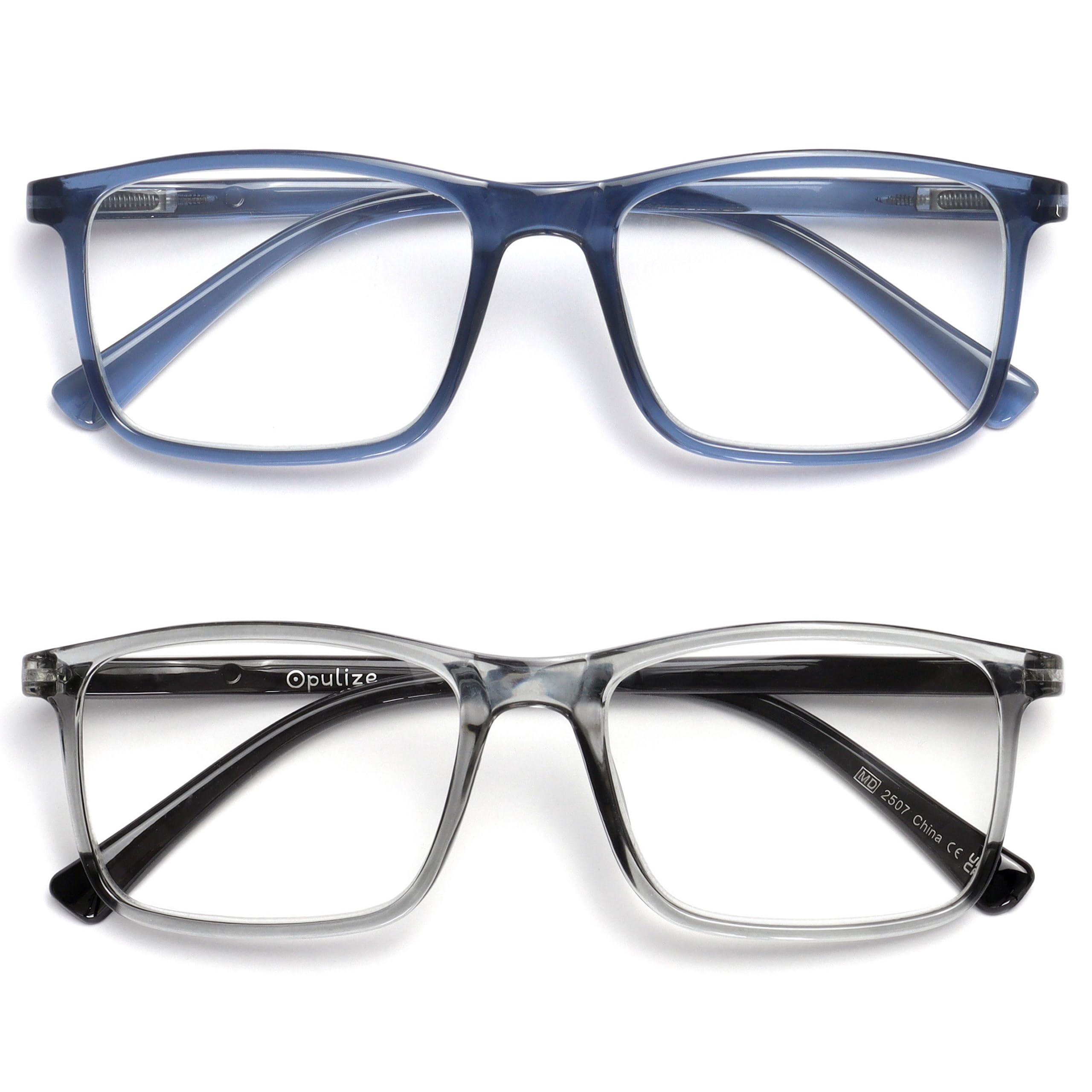 OPULIZE INK Reading Glasses for Women Men, Large Rectangular Frame with Spring Hinges & Scratch Resistant, Blue Grey, +2(Pack of 2)
