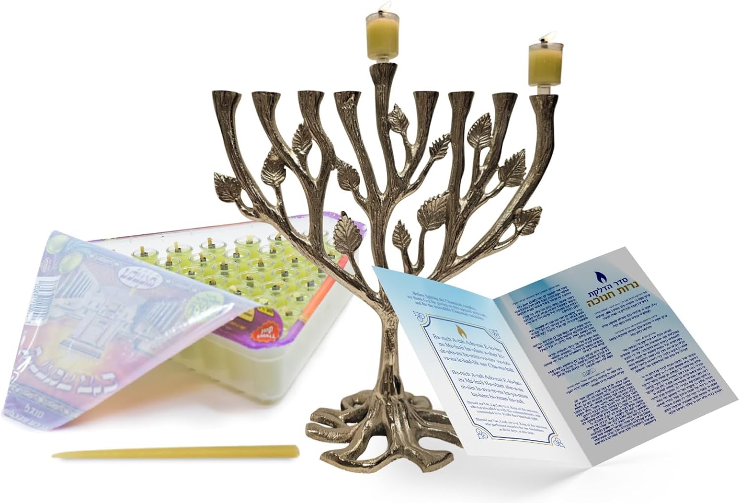 Holy VOICE ハヌカー燭台プレミアムセット &ndash; チャヌカキャンドル付きコンプリートセット 銀メッキ燭台 &ndash; 祈りの本 英語と