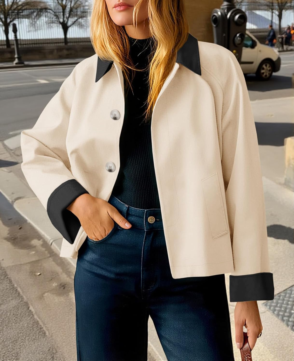 Tankaneo Womens Barn Jackets Lightweight Casual Oversized Contrast Collar Jacket Crop Trench Coat Outerwear 2025 Fall Fashion