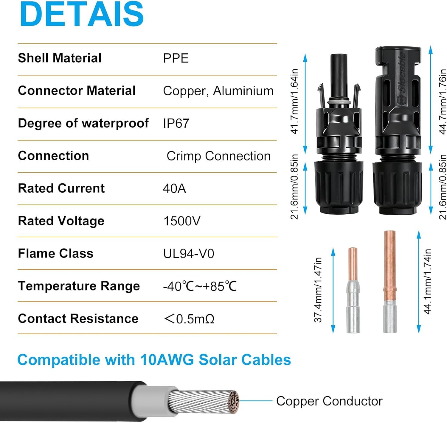 8AWG Solar Copper Aluminum Transition Connectors, IP67 Waterproof 1500V 40A, Male and Female Plug for Solar Cable (CU-AL, 5pairs)