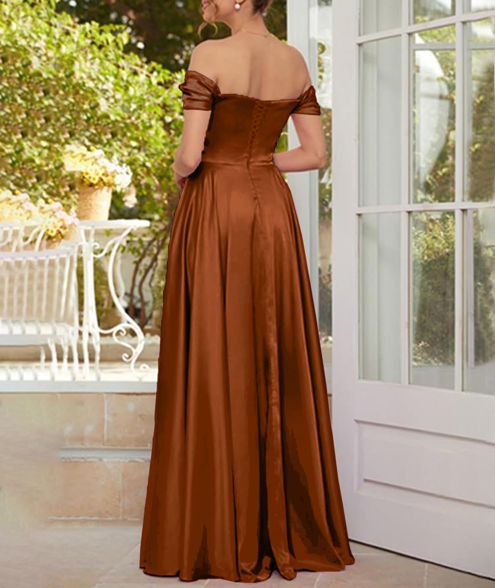 ECDAHICC Schulterfreies Brautjungfernkleid For Damen Satin Langer Schlitz Elegantes Formelles Abendkleid A-Linie Hochzeits und Partykleid